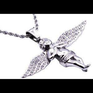 Stainless Steel Silver Plated Cherub Pendant w/cz
